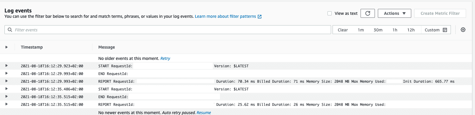 Cloudwatch log example